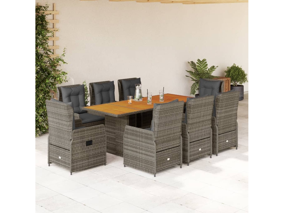 Conjunto de comedor de jardín DKD Home Decor de 9 piezas con cojines, ratán gris