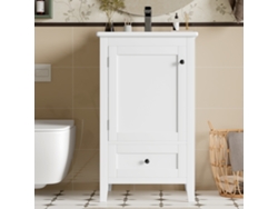 Mueble de baño con patas y lavabo cerámico, 1 puerta y 1 cajón, color blanco Mobrio (grifo no incluido)