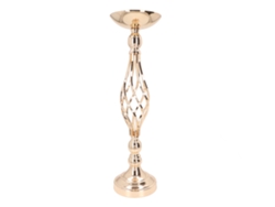 Candelabro de hierro dorado para uso decorativo sobre mesa.