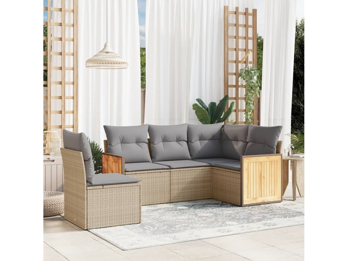 Conjunto de sofá de jardín de 5 piezas con cojines, mimbre sintético beige, Dkd Home Decor
