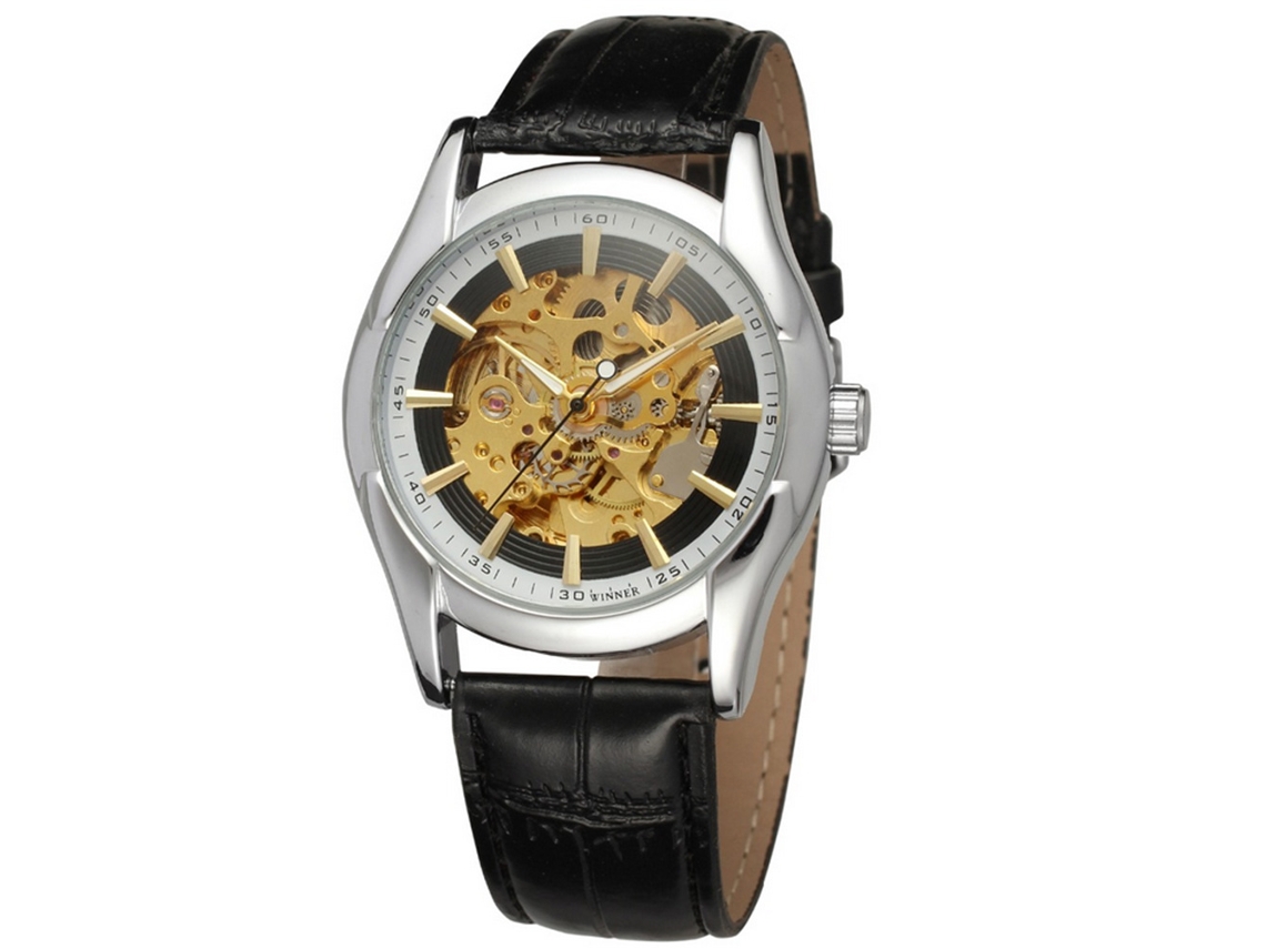 Reloj De Pulsera Winner Para Hombre Con Movimiento Mecánico Y Correa De Piel Sintética (negro+plata)