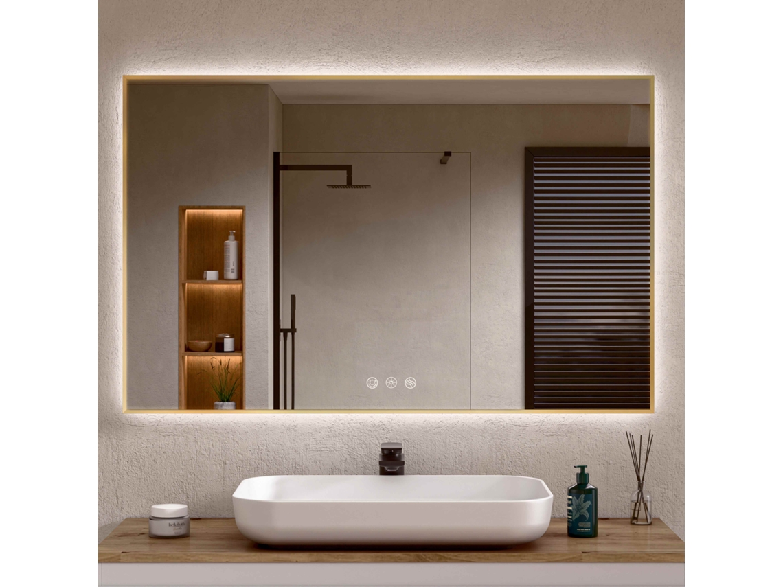 Espejo de Baño con Luz LED Perimetral, Luz Regulable en 3 Colores e Intensidades, Antivaho, Aluminio Dorado 70 x 120 cm Bellobath