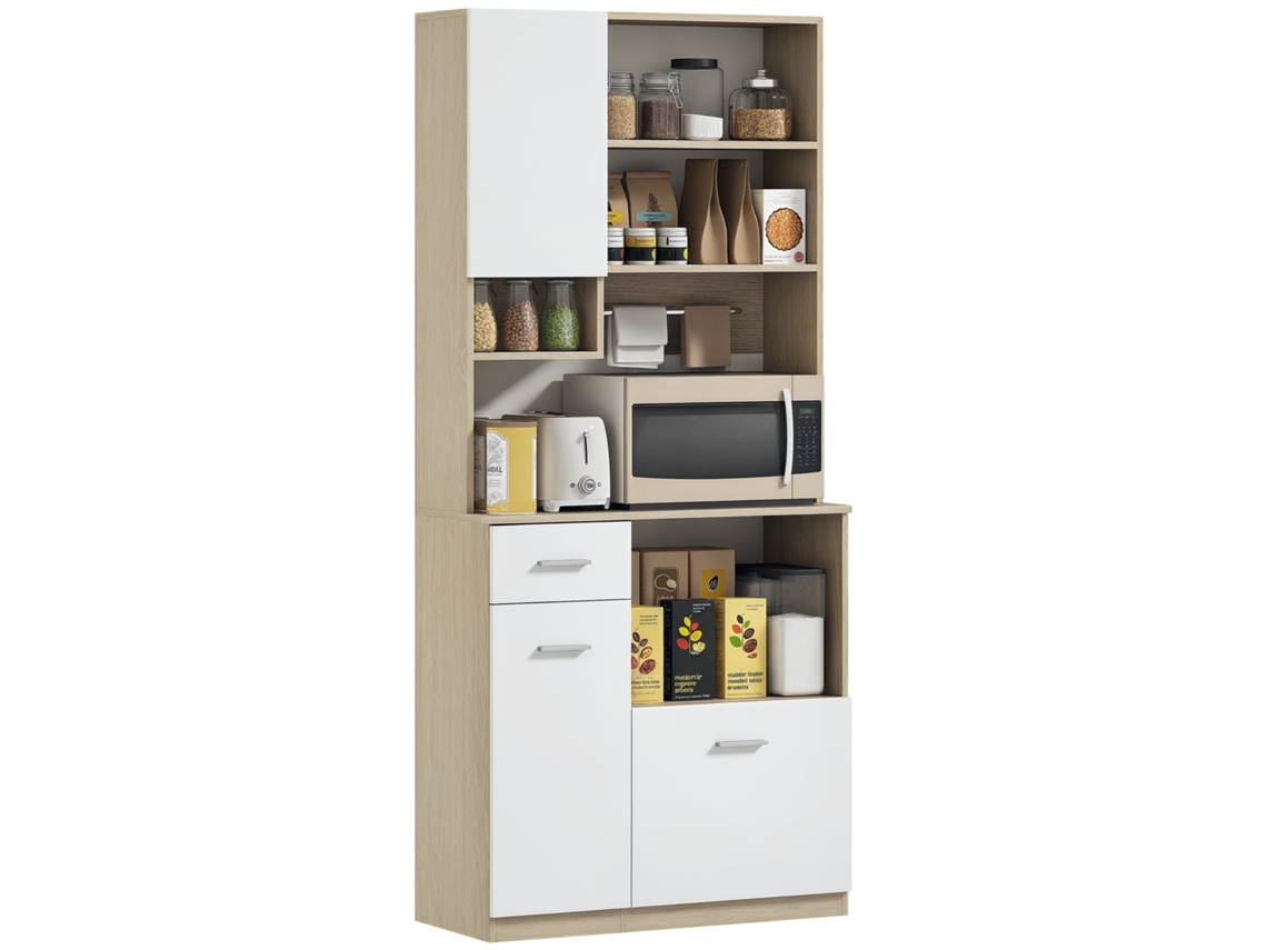 Armario De Cocina Alto, Mueble De Almacenamiento Moderno Con Estantes Ajustables, Cajón, Aspecto Blanco Y Madera.