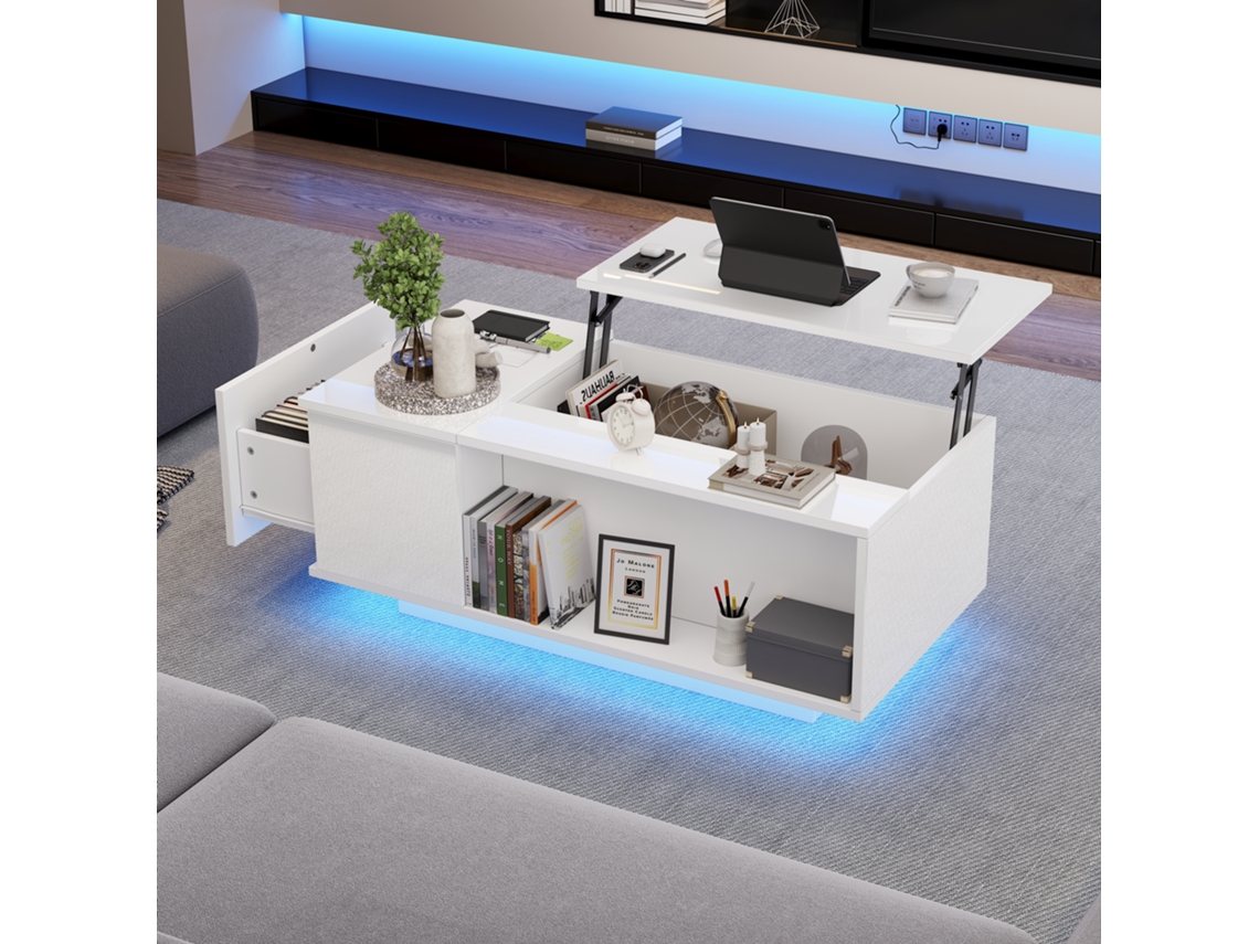 Mesa De Centro 100x50x40 Cm - Mesa De Café Ajustable Con Almacenamiento Oculto, Mesa Auxiliar Con Luz Led, Mesa De Salón Con Cajón - Blanca