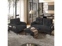 Conjunto de 3 piezas: Sillón, Puf, Sofá de 2 plazas con Bolsillo Lateral, Estructura de Acero y Respaldo Extra Flexible, Estilo Gris