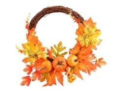Corona de calabaza otoñal con hojas de arce y frutas silvestres para decoración de puerta Halloween Cosecha