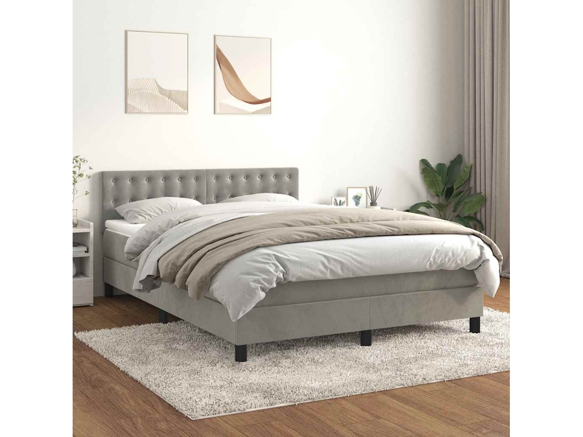 Cama Box Spring Con Colchón Terciopelo Gris Claro 140x200 Cm