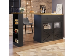 Mueble bar giratorio y retráctil de 360° con 1 cajón y 2 puertas, estantes abiertos, estilo negro natural