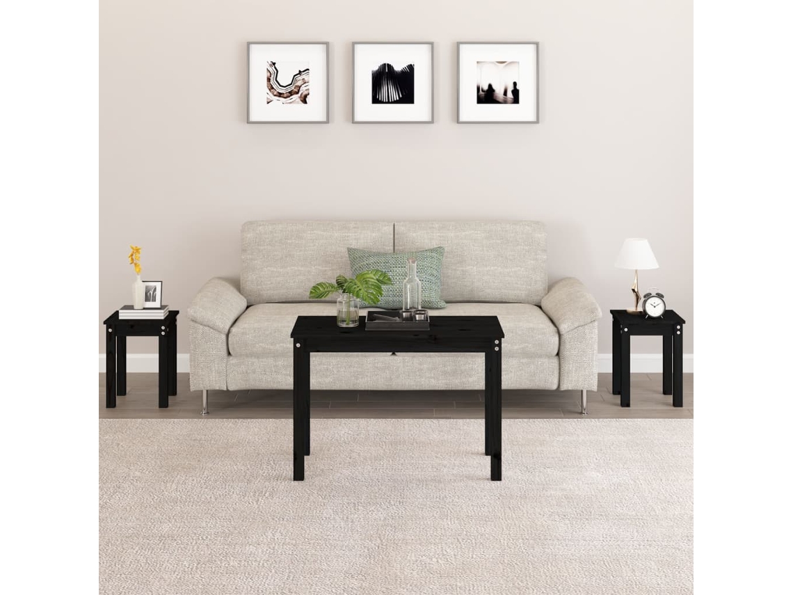Mesas Apilables 3 Piezas Madera Maciza De Pino Negro