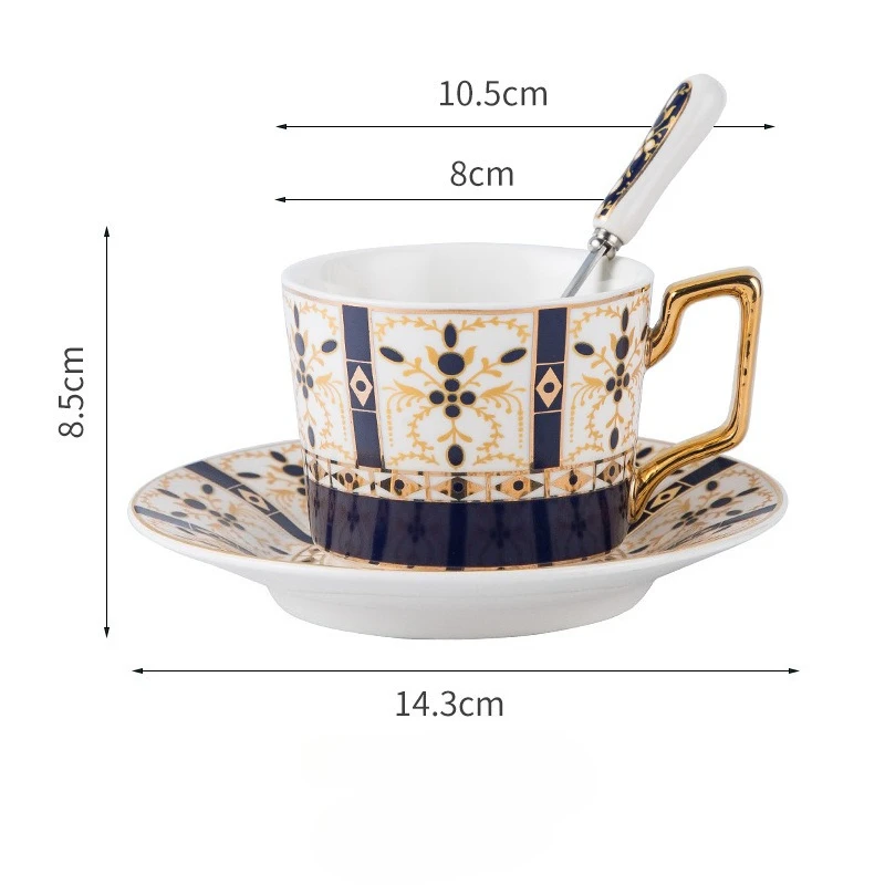 Taza de café de cerámica chapada en oro estilo europeo con platillo, taza de lujo para la oficina. MDUG (azul marino, 250 ml)