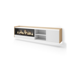 Mueble Tv, Televisión, 212x35x50cm, Para Tv Hasta 80", Chimenea Eléctrica Xxl, Colgado, Suspendido, Led, Blanco Y Roble Soft