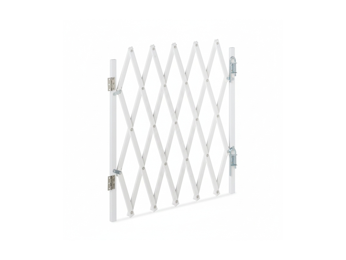 Relaxdays Barrera Seguridad Perro, Valla Protección Niño Escalera, Plegable, Hasta 96cm Extensión, Reja Mascota, Blanco