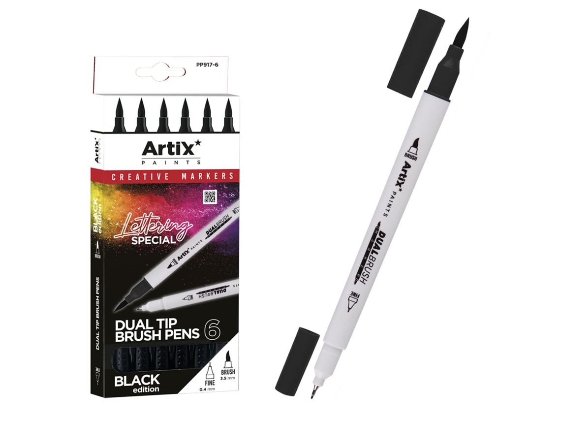 Juego de 6 rotuladores de doble punta para lettering en negro. Dam