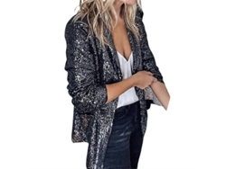Chaqueta De Lentejuelas Para Mujer, Chaqueta Brillante, Abrigo Casual De Manga Larga Con Cuello De Pico Lblack L Negro