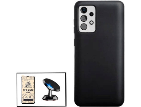 Kit Cristal Templado CeramicGlass Full Cover, Funda Silicona y Soporte Magnético de Coche Samsung Galaxy M32 5G PHONECARE Negro
