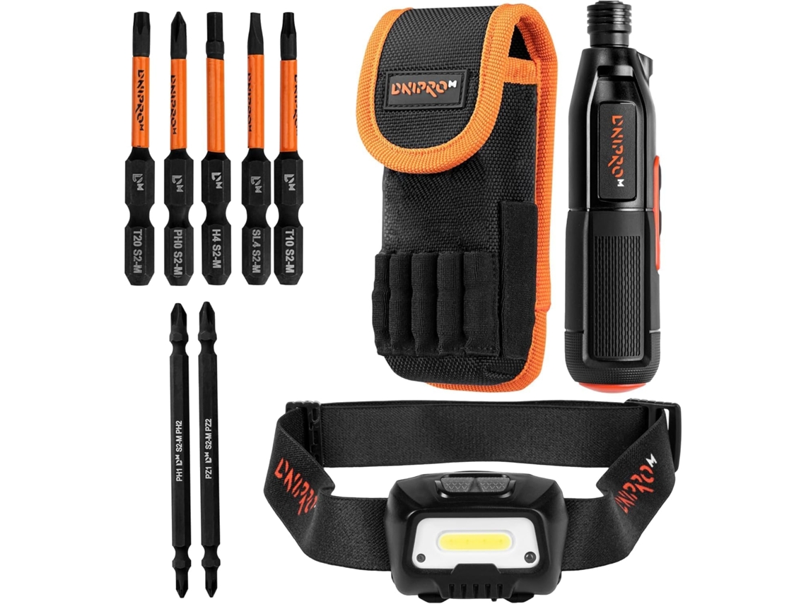 Destornillador compacto Dnipro-m Mini de 3,6 V con puntas y linterna LED recargable de 300 lm.