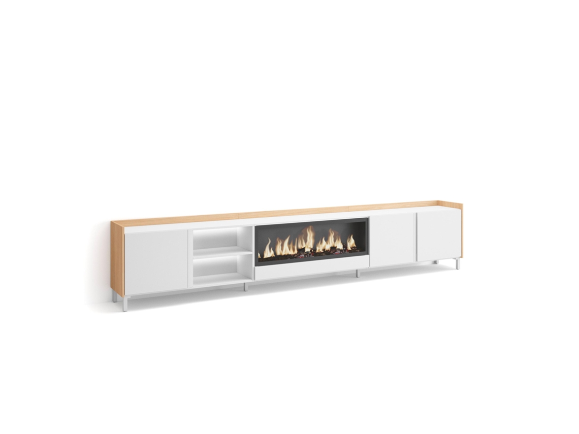 Mueble Tv, Televisión, 315x35x61cm, Para Tv Hasta 80", Chimenea Eléctrica Xxl, Diseño Industrial, Led, Blanco Y Roble Soft