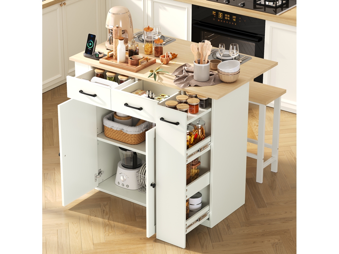 Isla De Cocina Extensible Con Zona De Comedor - Con Estantes Ajustables, Cajones, Regletas De Enchufes Y 2 Sillas - Blanco