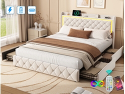 Cama Tapizada 160x200 Cm, Cama De Matrimonio, Con Luces Led - Control Mediante App, Usb Tipo C, 2 Cajones, Tela Terciopelo - Beige