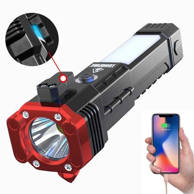 Linterna multifuncional de alta potencia con martillo de seguridad, recargable por USB, ideal para el hogar, el coche y actividades al aire libre. Aeuzwr
