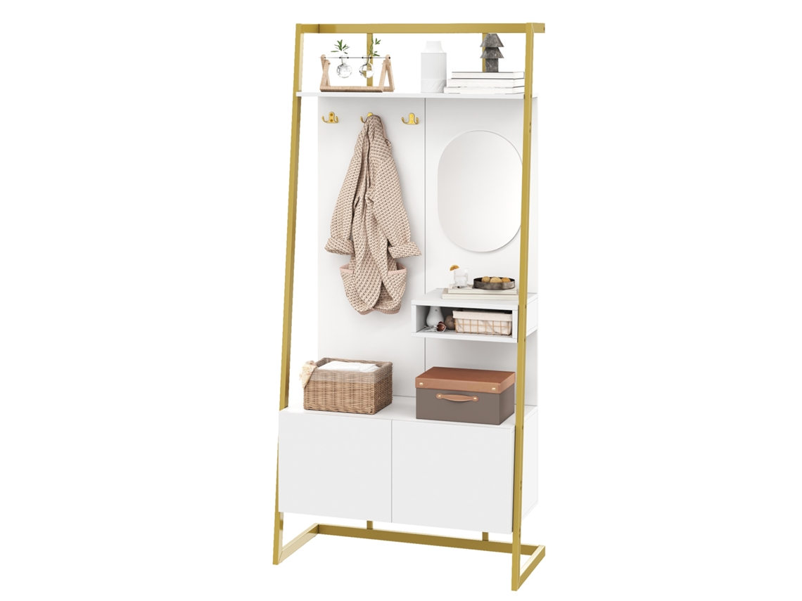 Mueble de entrada compacto con espejo, ganchos metálicos y banco zapatero, blanco, 78x38,5x180,5 cm, MOBRIO
