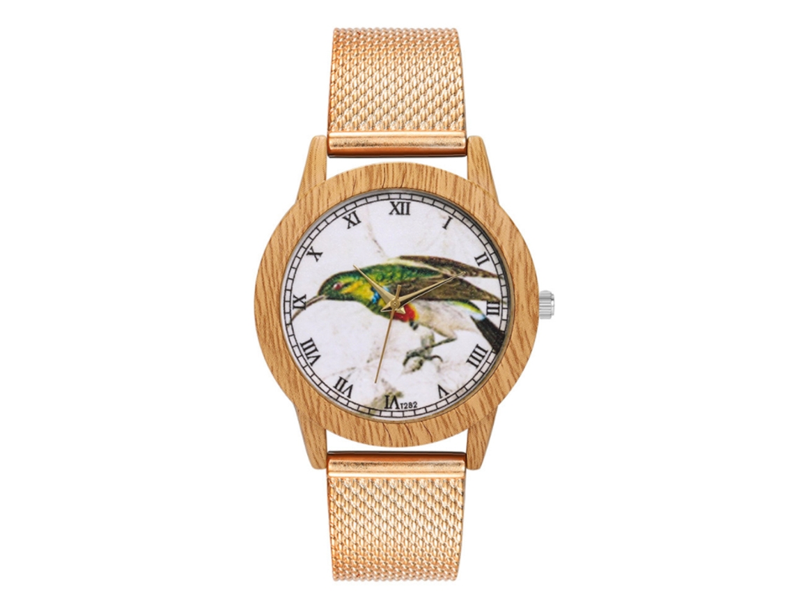 Reloj De Cuarzo Unisex Con Patrón De Pájaro Y Escala Romana Pulsera Oro Rosa