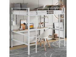 Cama Alta Metálica De 90x200 Cm Con Escritorio, Estantes Y Librería, Escalera Con Almacenamiento, Para Niños/adolescentes/adultos, Blanca.