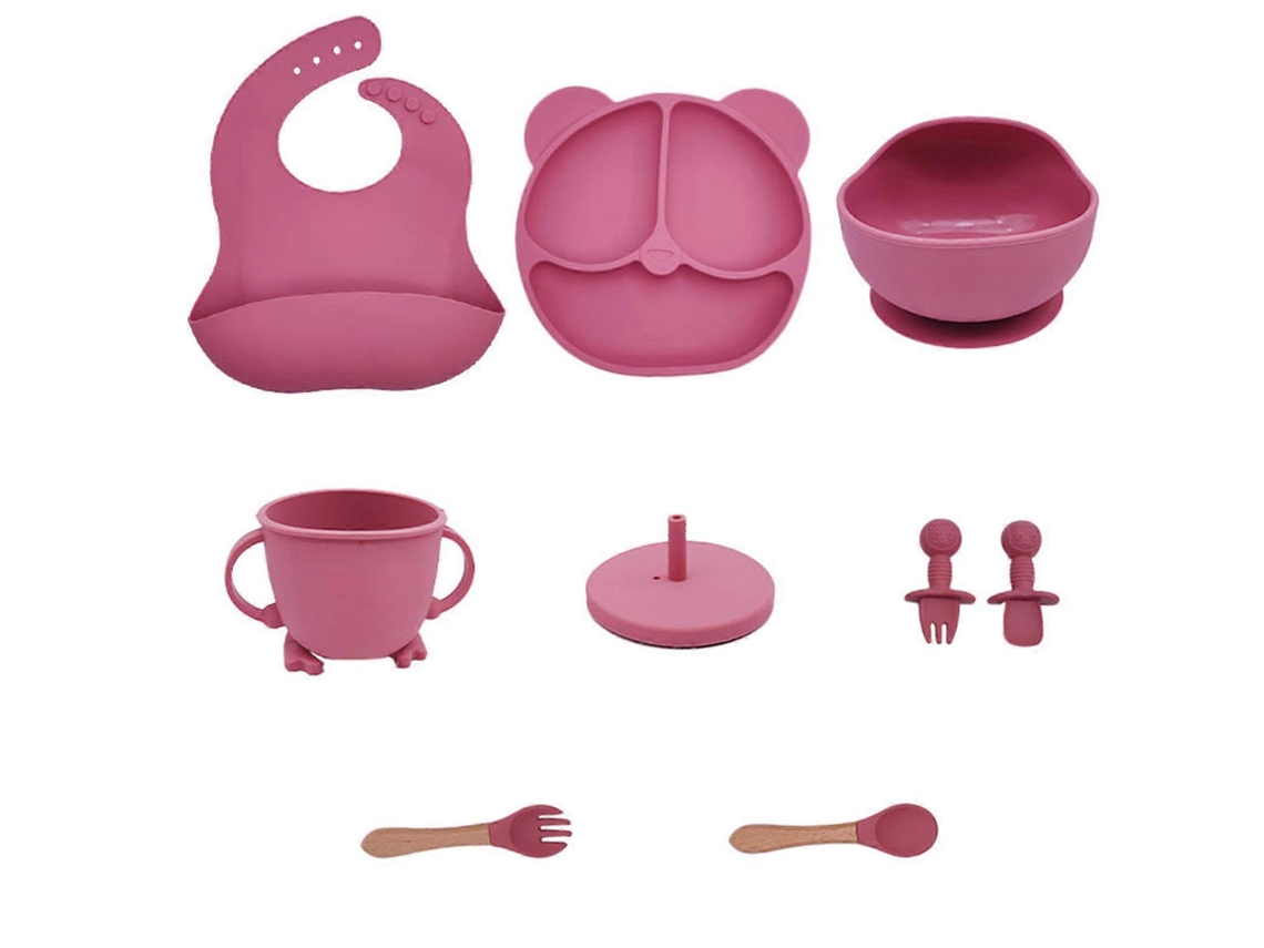Juego de 7 utensilios de silicona para destete con luz LED para bebés, ajustables con babero y ventosa, aptos para niños pequeños, color rosa
