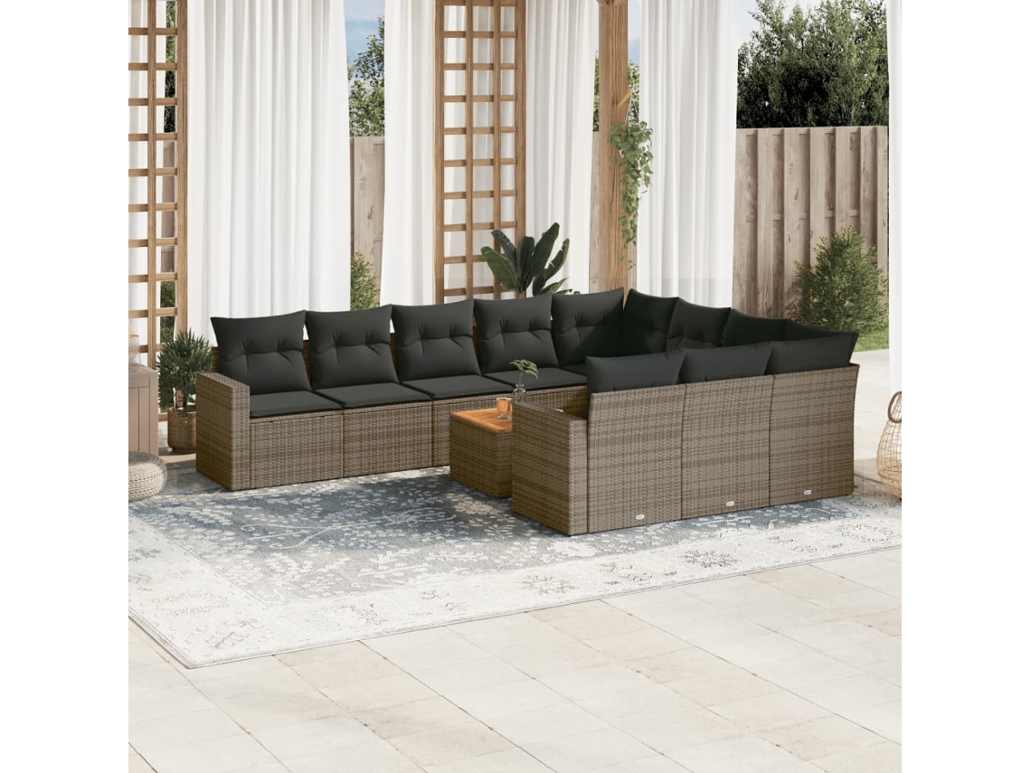Conjunto de sofá de jardín de 11 piezas con cojines, ratán gris, DKD Home Decor