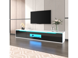 Mueble para TV con acabado brillante, en colores que combinan con el blanco y negro, con iluminación LED que cambia de color.