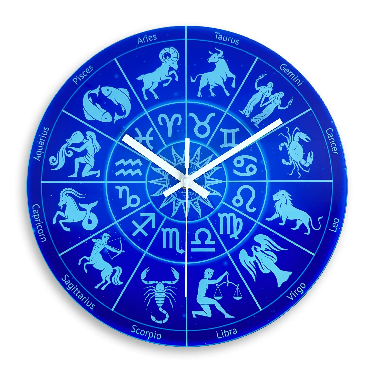 Reloj de pared de cristal templado con un estampado creativo de los doce signos del zodiaco (30 cm), silencioso y con movimiento de cuarzo.