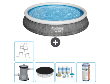 Piscina hinchable redonda Fast Set BESTWAY - Estampado ratán - 396 x 84 cm - Bomba incluida Cubrir - Paquete de mantenimiento - Filtrar - Escalera