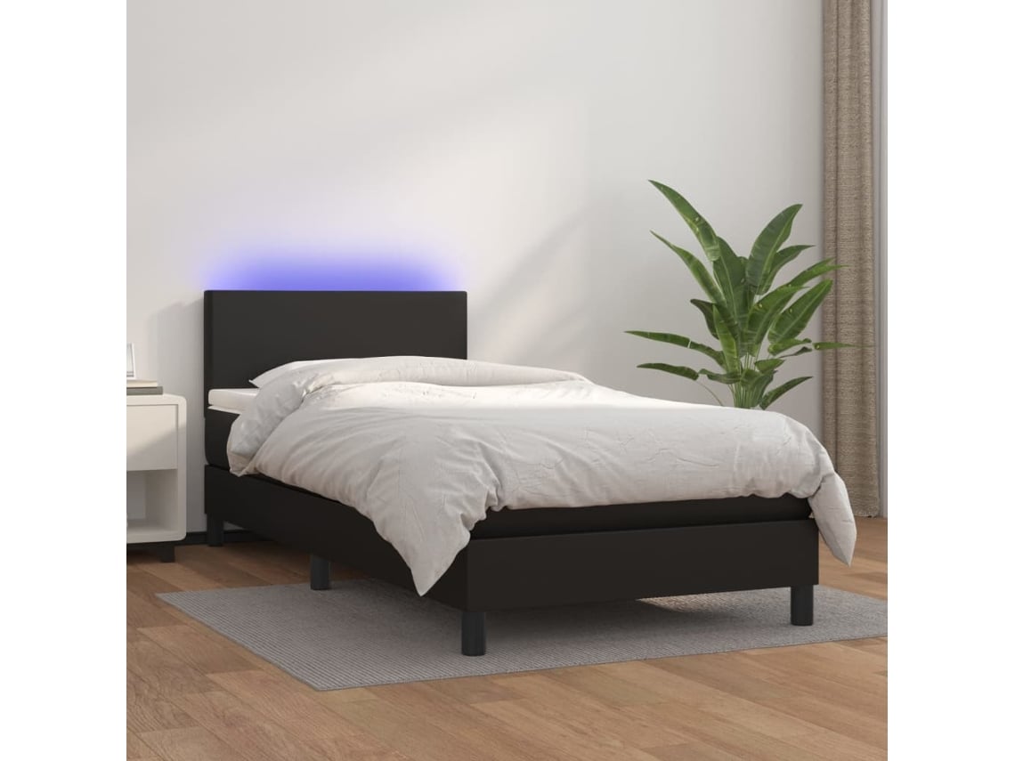 Cama Box Spring Y Colchón Led Cuero Sintético Negro 90x200 Cm