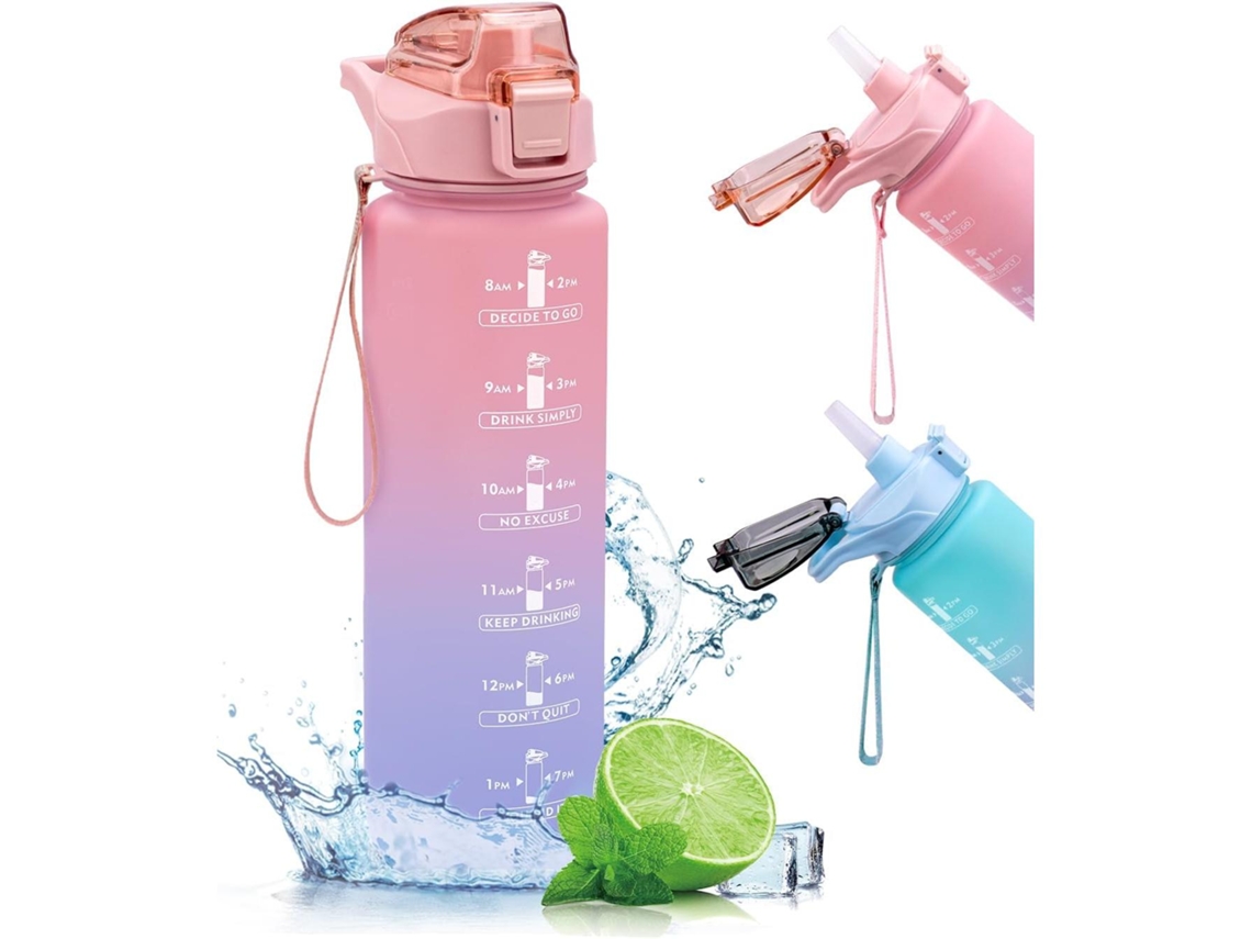 Botella de agua de gran capacidad (2 litros), sin BPA, a prueba de fugas, con pajita y cronómetro. Mdug (rosa)