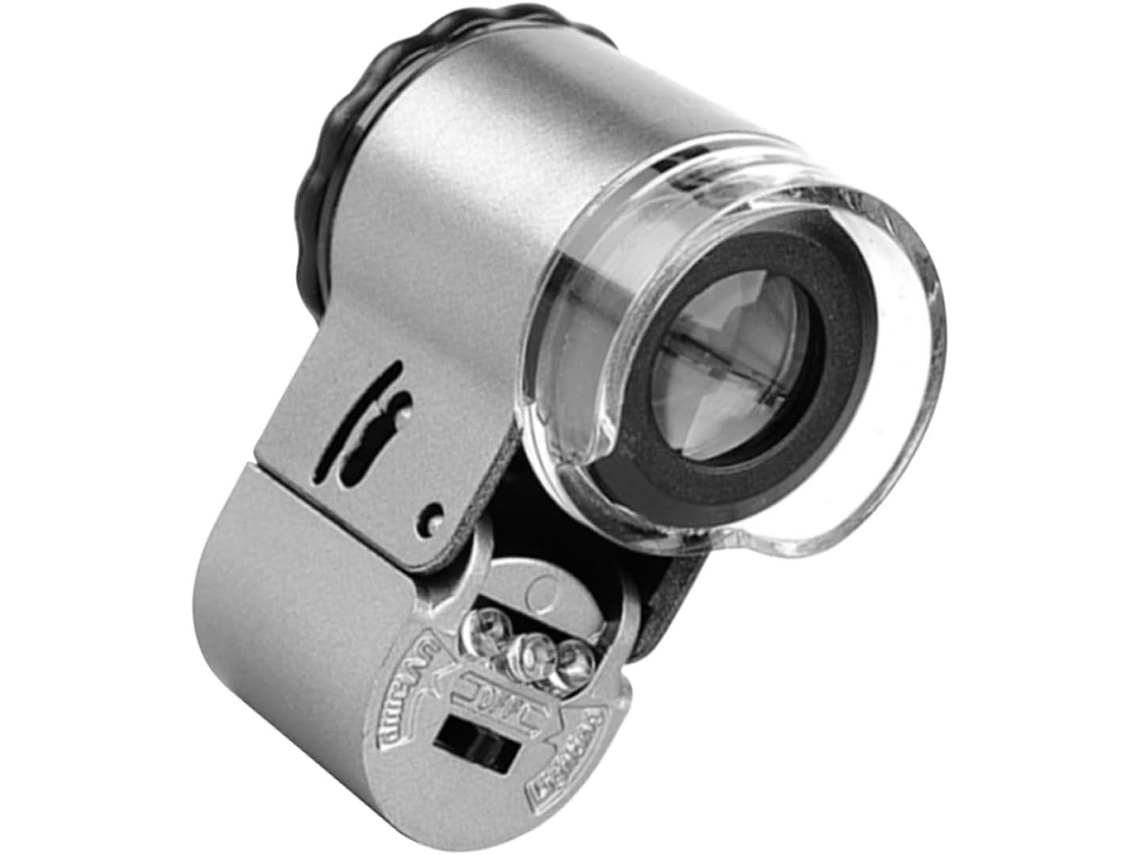 Microscopio de bolsillo para joyería con aumento de 50x, iluminación LED multifuncional y diseño portátil de ABS.