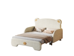 Cama infantil con estructura y cabecero tapizados, forma de oso, muebles de madera, terciopelo beige (140 x 200 x 107 cm)