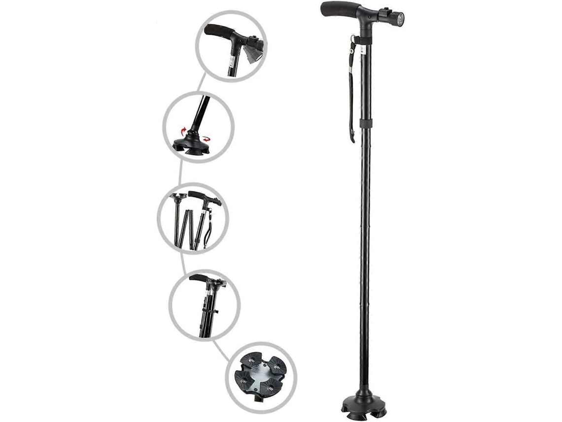 Bastón plegable con luz LED y alarma, bastón ajustable y bastón de apoyo.