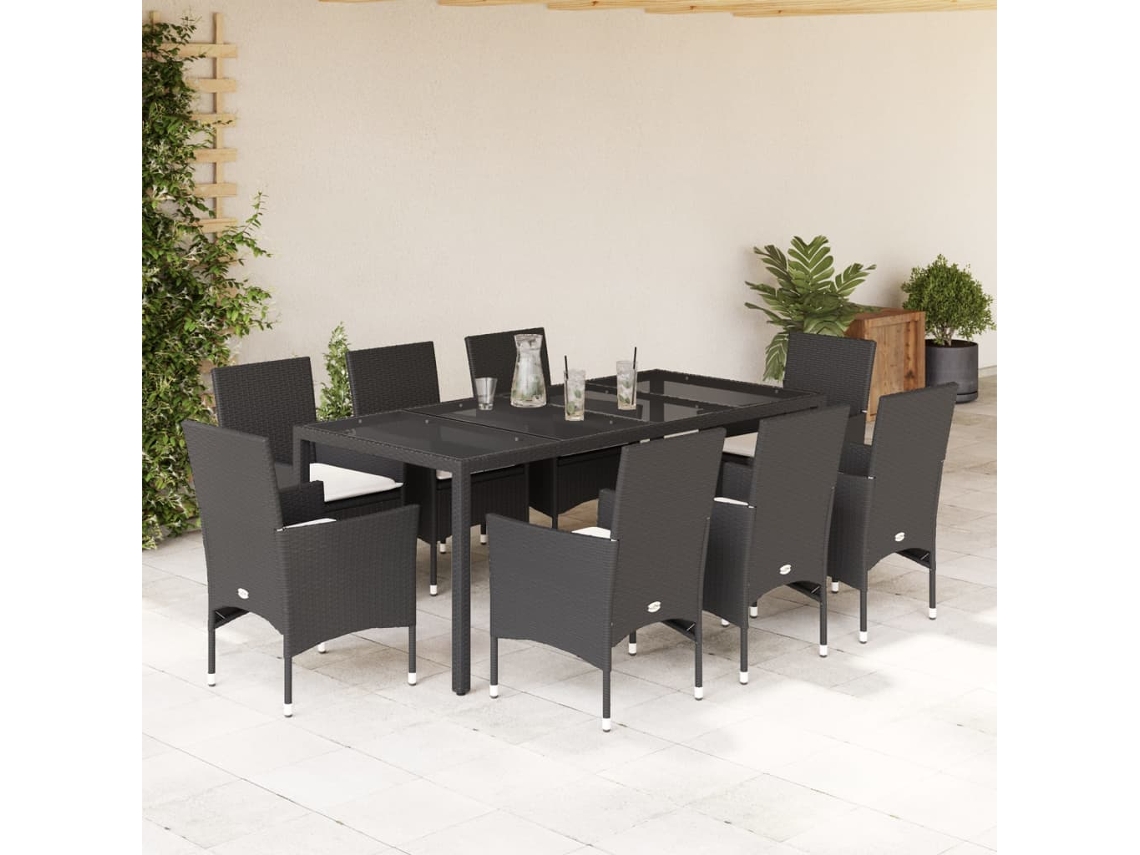 Conjunto 9 Piezas Jantar Jardim C/ Almofadões Vime Pe/vidro Preto Dkd Home Decor