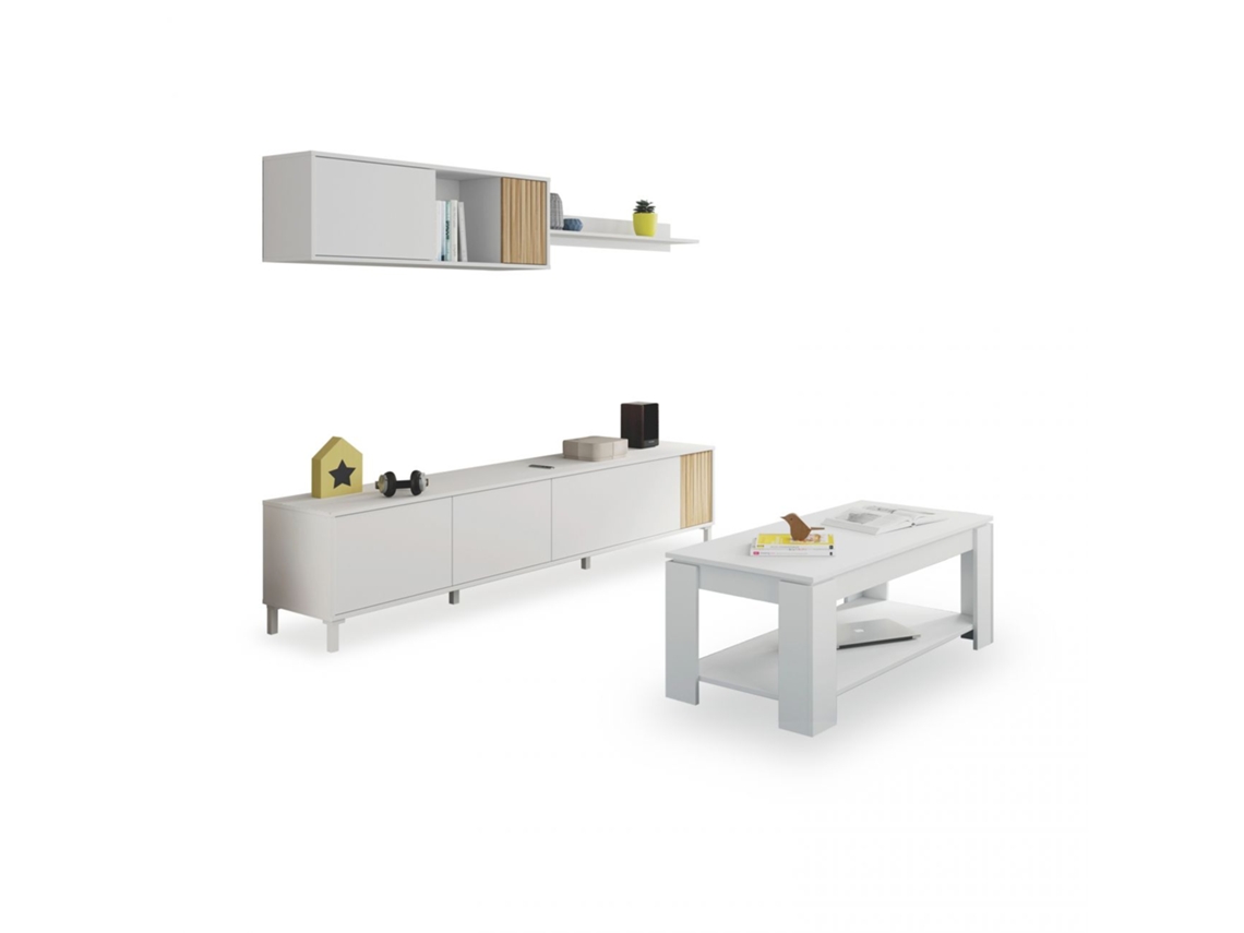 Pack salón con mesa de centro Nitza Plus V1 Blanco Artik (Blanco Mate) - Natur 200 x 47 x 40 cm