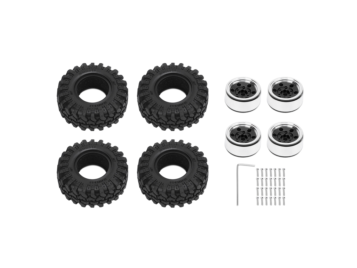 Llanta Beadlock 1.0 Con Neumáticos, 6 Agujeros, Aleación De Aluminio, Para Coche Rc Crawler A Escala 1/24, Color Negro.