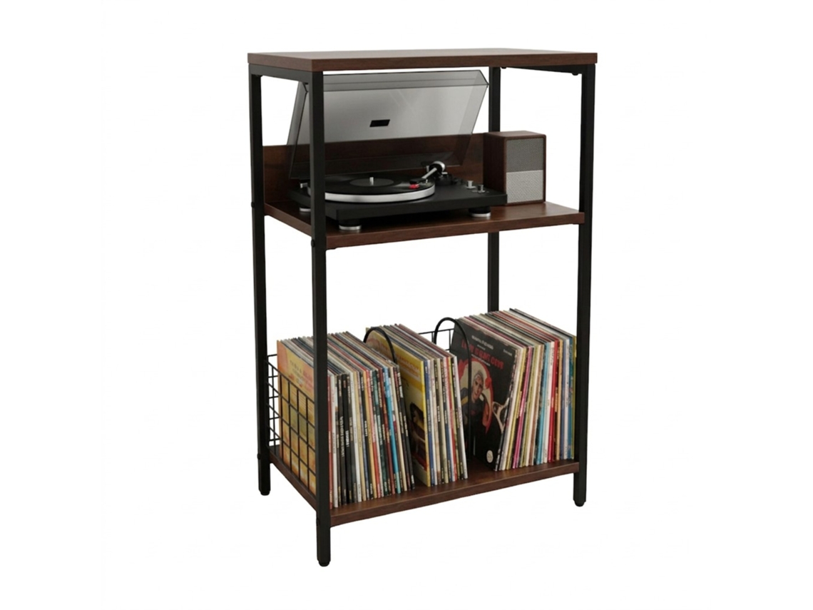 Relaxdays Mesa Para Gira-discos, 3 Níveis, Divisórias, 65x40x30 Cm, Ferro/mdf, Suporte Para Vinis, Castanho/preto