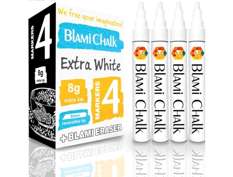 BLAMI ARTS 4 Paquete Rotuladores de Tiza Líquida Tiza Líquida para Pizarra Borrable para Vidrio Metal Plástico Con Esponja Extra Blanco