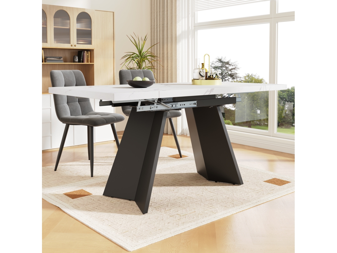 Mesa de comedor retráctil de 99 x 159 x 74 cm para 6 a 8 personas en MDF blanco y negro.