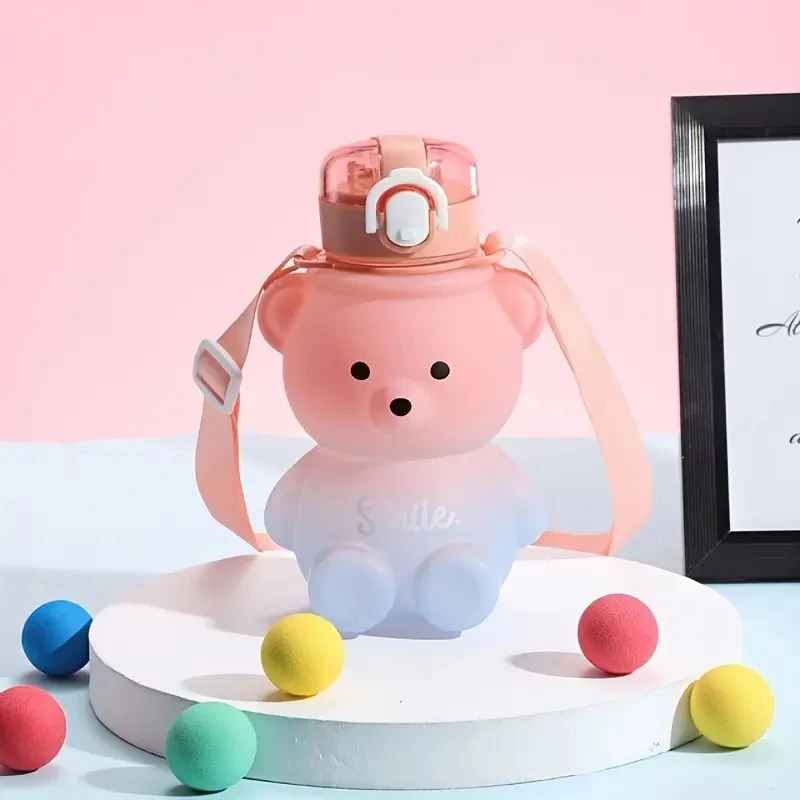(rosa) Botella De Agua Grande Para Mujer, Con Vaso De Plástico Y Pajita, Que Presenta Un Patrón De Oso Degradado.