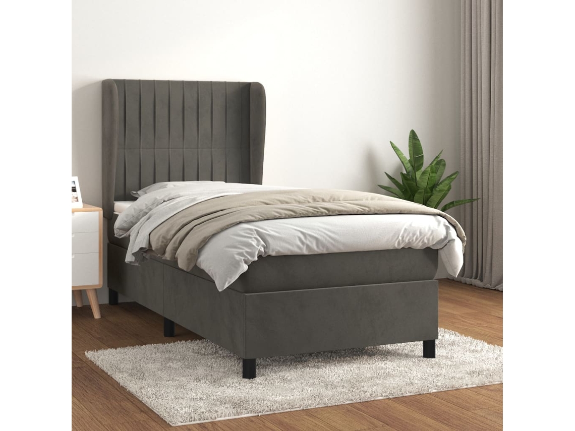 Cama Box Spring Con Colchón Terciopelo Gris Oscuro 90x200 Cm