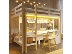 Cama Alta 90x200 Cm Y 140x200 Cm - Con Cajones Y Escritorio, Con Sistema De Suspensión De Panel Perforado, Incluye Tira Led - Blanco + Natural