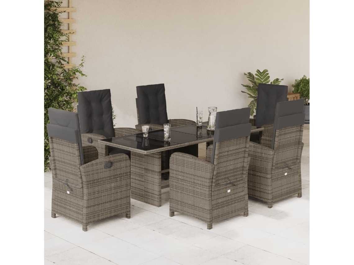 Juego de comedor de jardín de 7 piezas con cojines, mimbre gris, DKD Home Decor