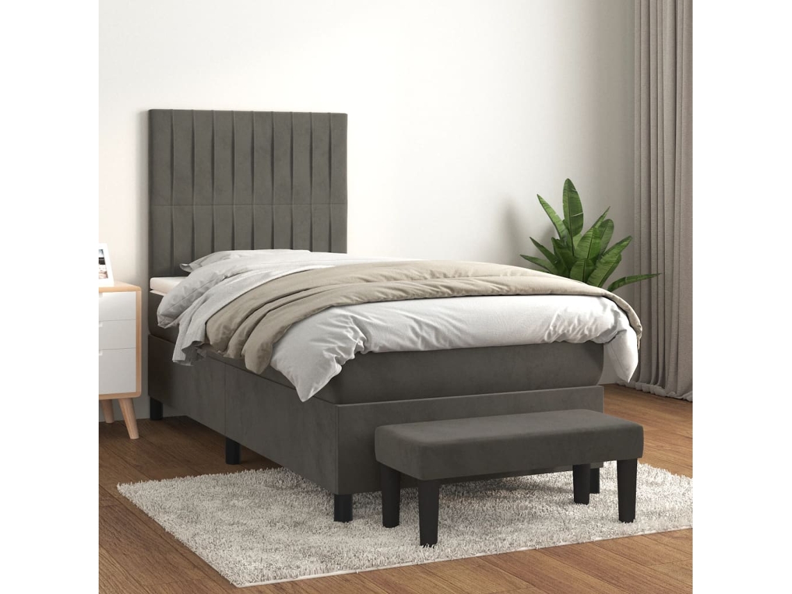 Cama Box Spring Con Colchón Terciopelo Gris Oscuro 90x200 Cm
