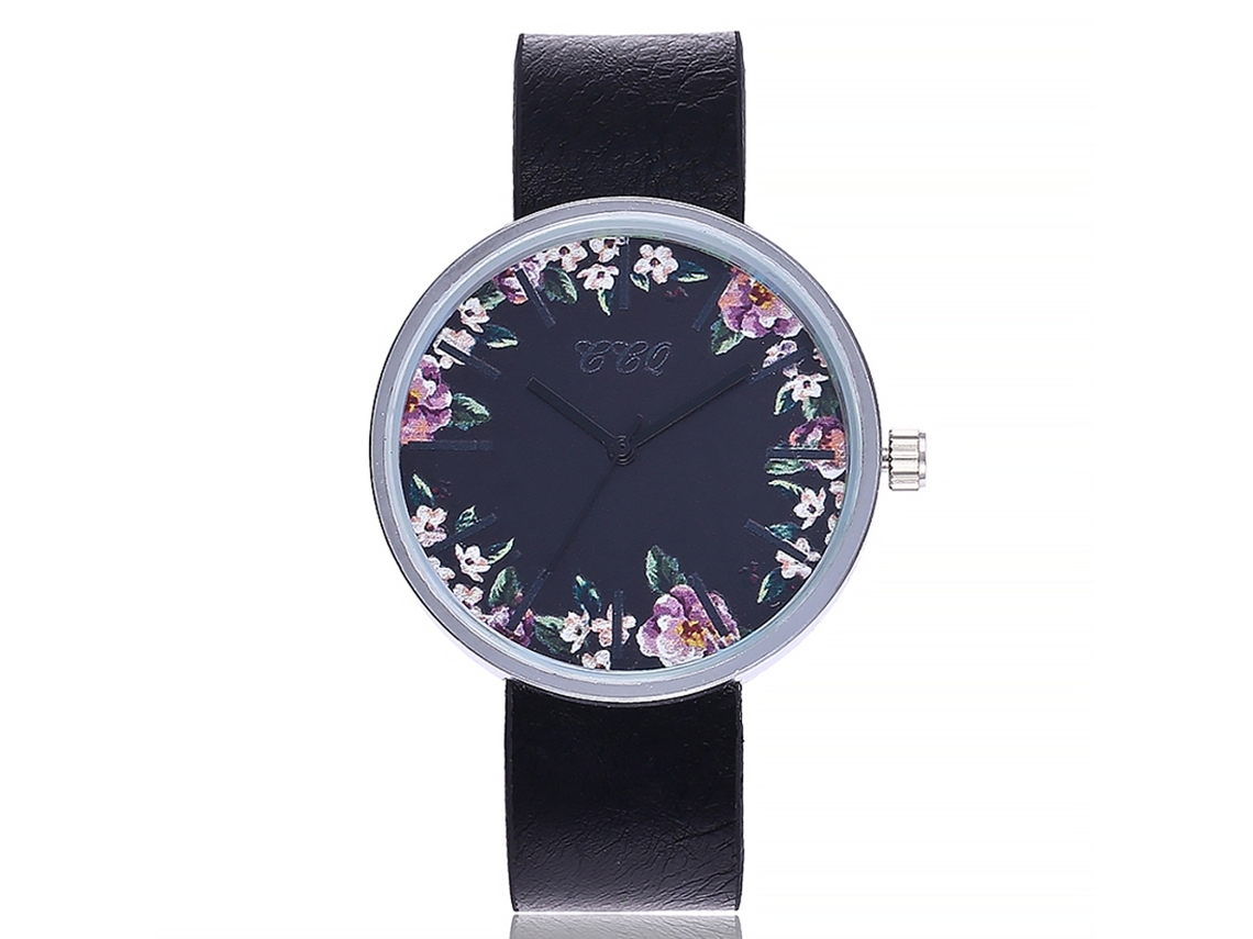Reloj De Pulsera Ccq Fashion Para Mujer Con Estampado Floral, Esfera Redonda, Cuarzo, Estilo Casual, Color Negro.