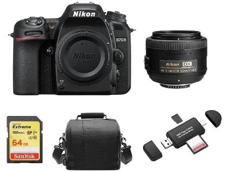 Kit Cámara Réflex NIKON D7500 + AF-S 35MM F1.8G DX + Tarjeta SD de 64GB + Funda para cámara + Lector de Tarjeta de memória